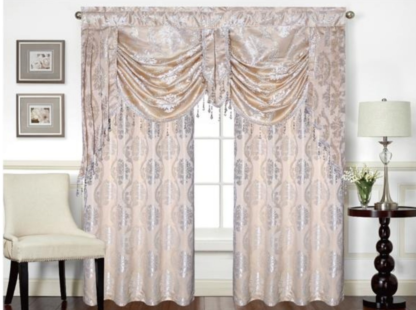 Mina Grommet Curtain with Beaded Swag Valance | Metallic Jacquard Curtains for Elegant Home Decor - Stylish Curtains