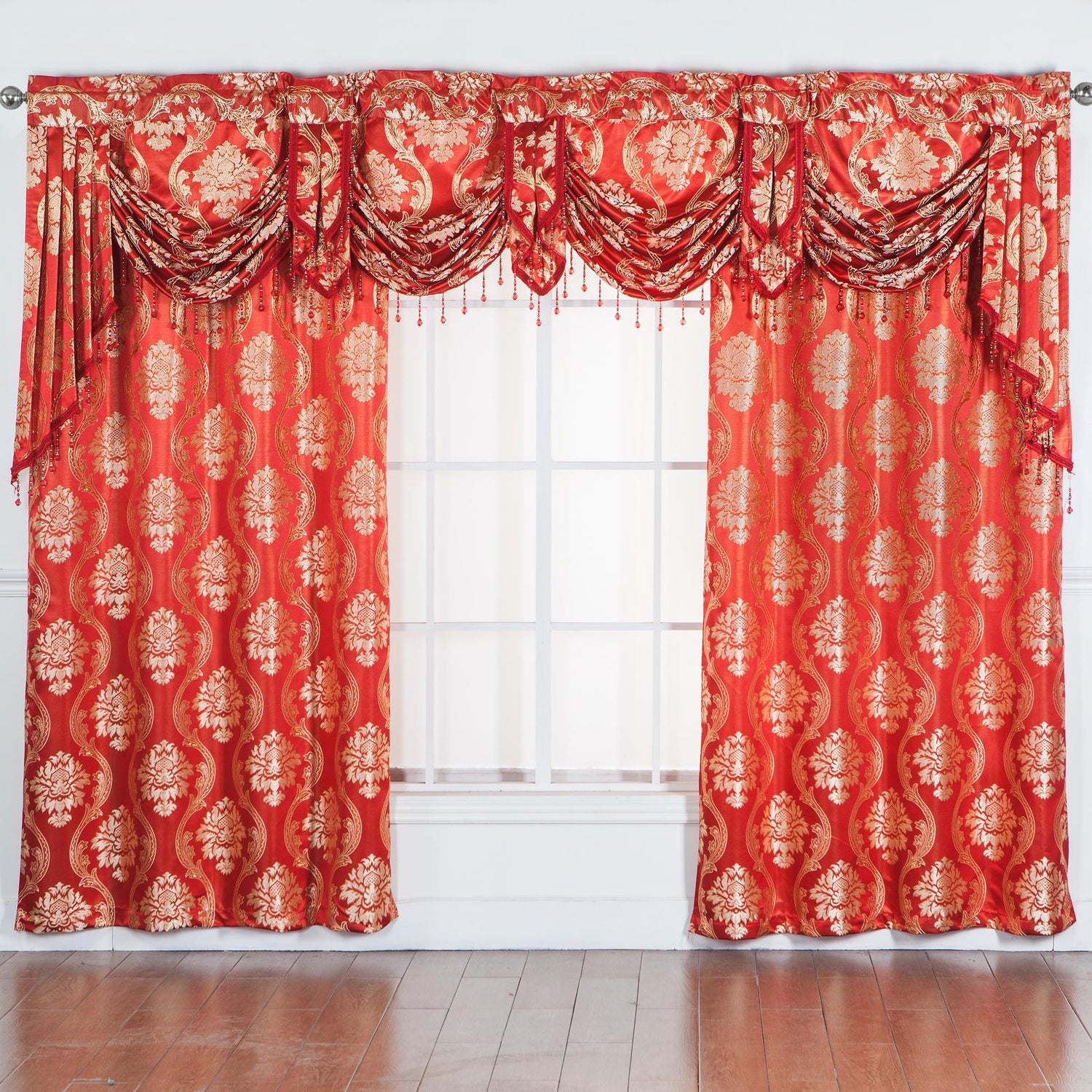 Mina Grommet Curtain with Beaded Swag Valance | Metallic Jacquard Curtains for Elegant Home Decor - Stylish Curtains