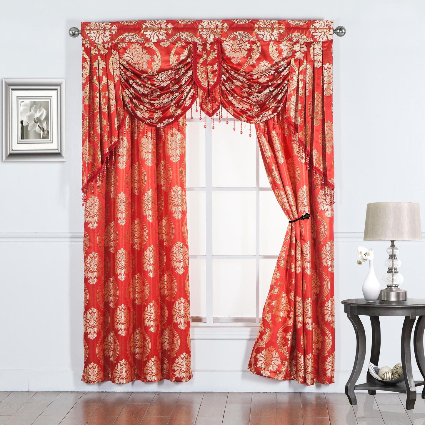 Mina Grommet Curtain with Beaded Swag Valance | Metallic Jacquard Curtains for Elegant Home Decor - Stylish Curtains