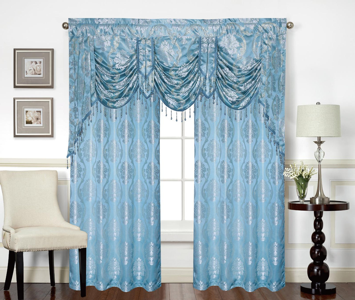 Mina Grommet Curtain with Beaded Swag Valance | Metallic Jacquard Curtains for Elegant Home Decor - Stylish Curtains