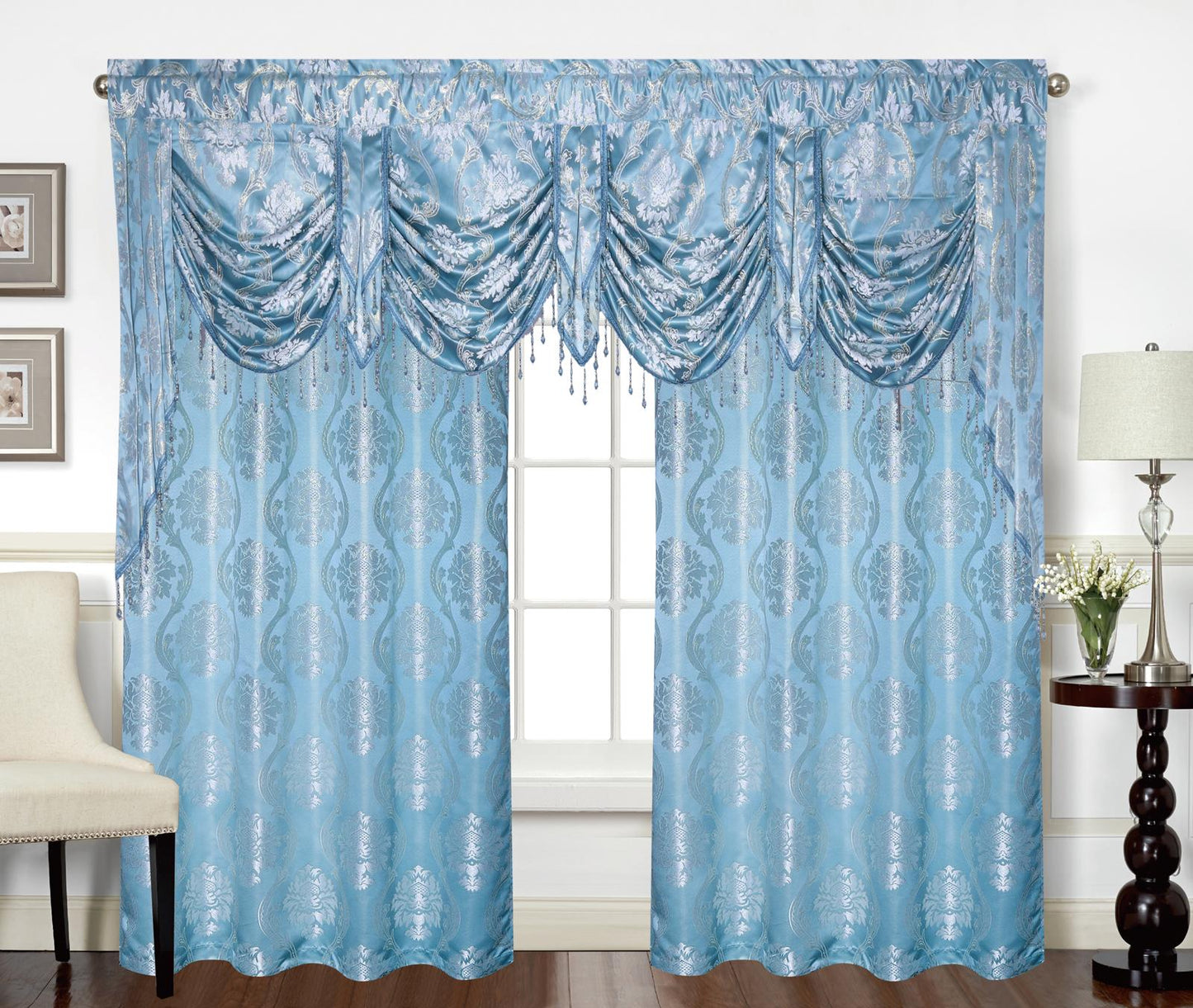 Mina Grommet Curtain with Beaded Swag Valance | Metallic Jacquard Curtains for Elegant Home Decor - Stylish Curtains