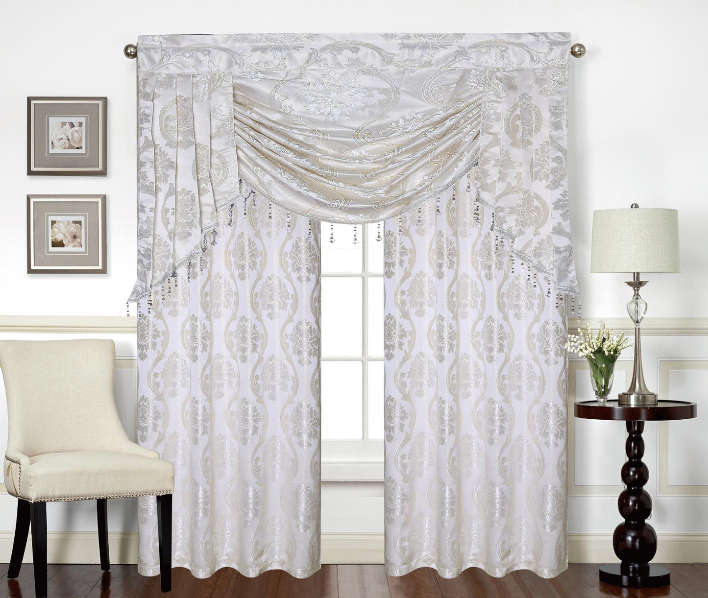 Mina Grommet Curtain with Beaded Swag Valance | Metallic Jacquard Curtains for Elegant Home Decor - Stylish Curtains