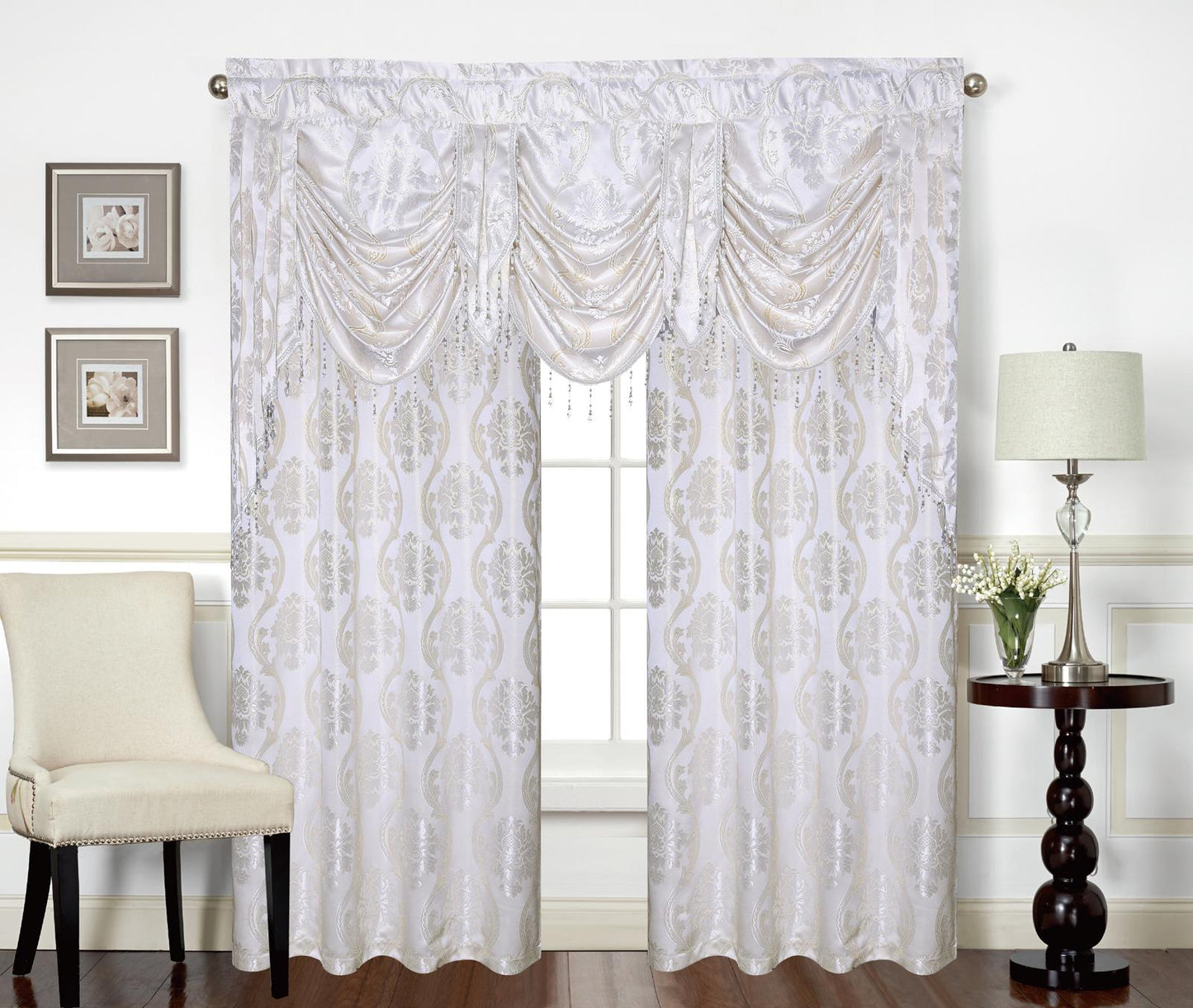 Mina Grommet Curtain with Beaded Swag Valance | Metallic Jacquard Curtains for Elegant Home Decor - Stylish Curtains