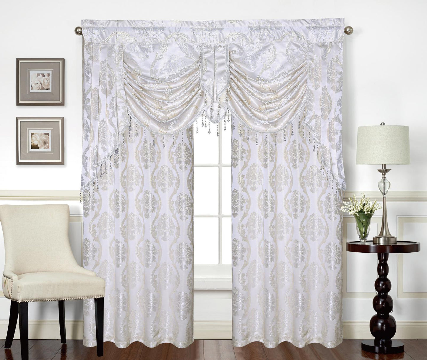 Mina Grommet Curtain with Beaded Swag Valance | Metallic Jacquard Curtains for Elegant Home Decor - Stylish Curtains