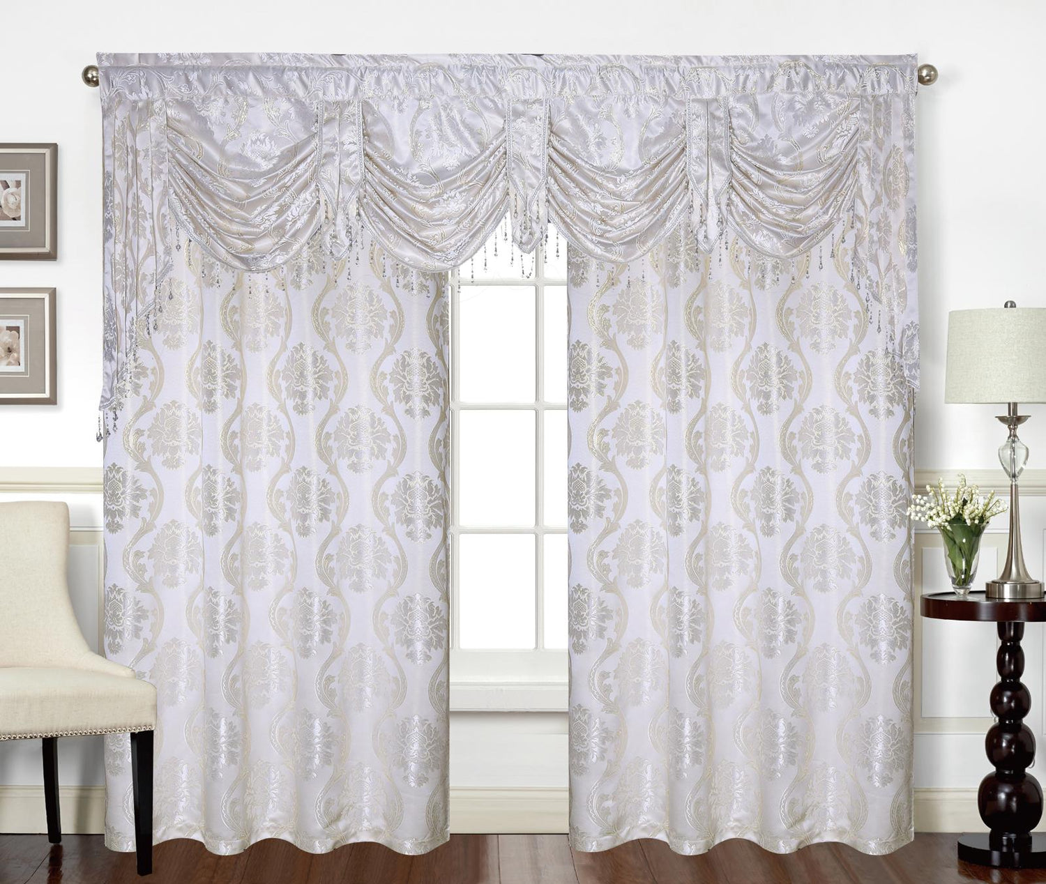 Mina Grommet Curtain with Beaded Swag Valance | Metallic Jacquard Curtains for Elegant Home Decor - Stylish Curtains