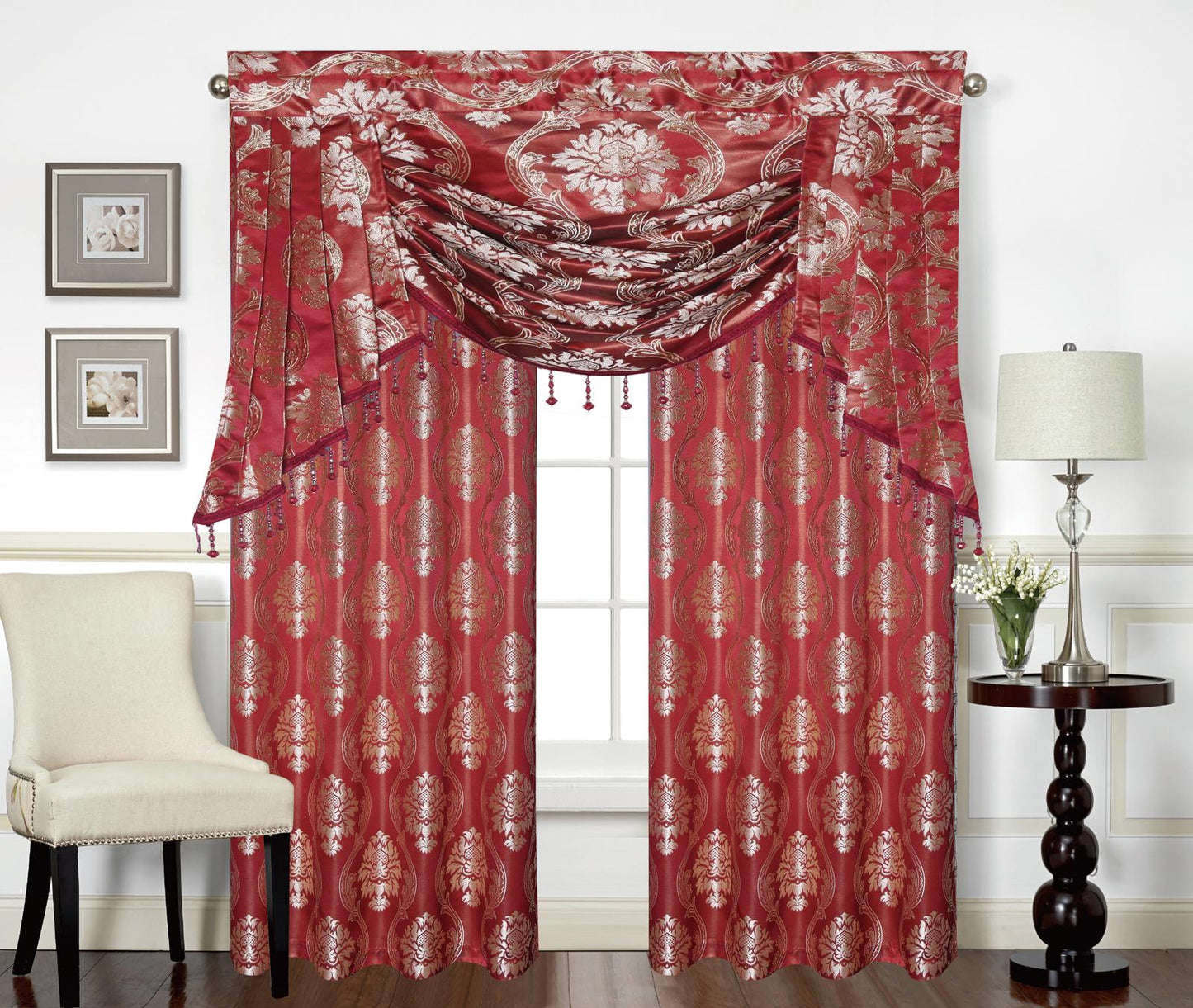 Mina Grommet Curtain with Beaded Swag Valance | Metallic Jacquard Curtains for Elegant Home Decor - Stylish Curtains