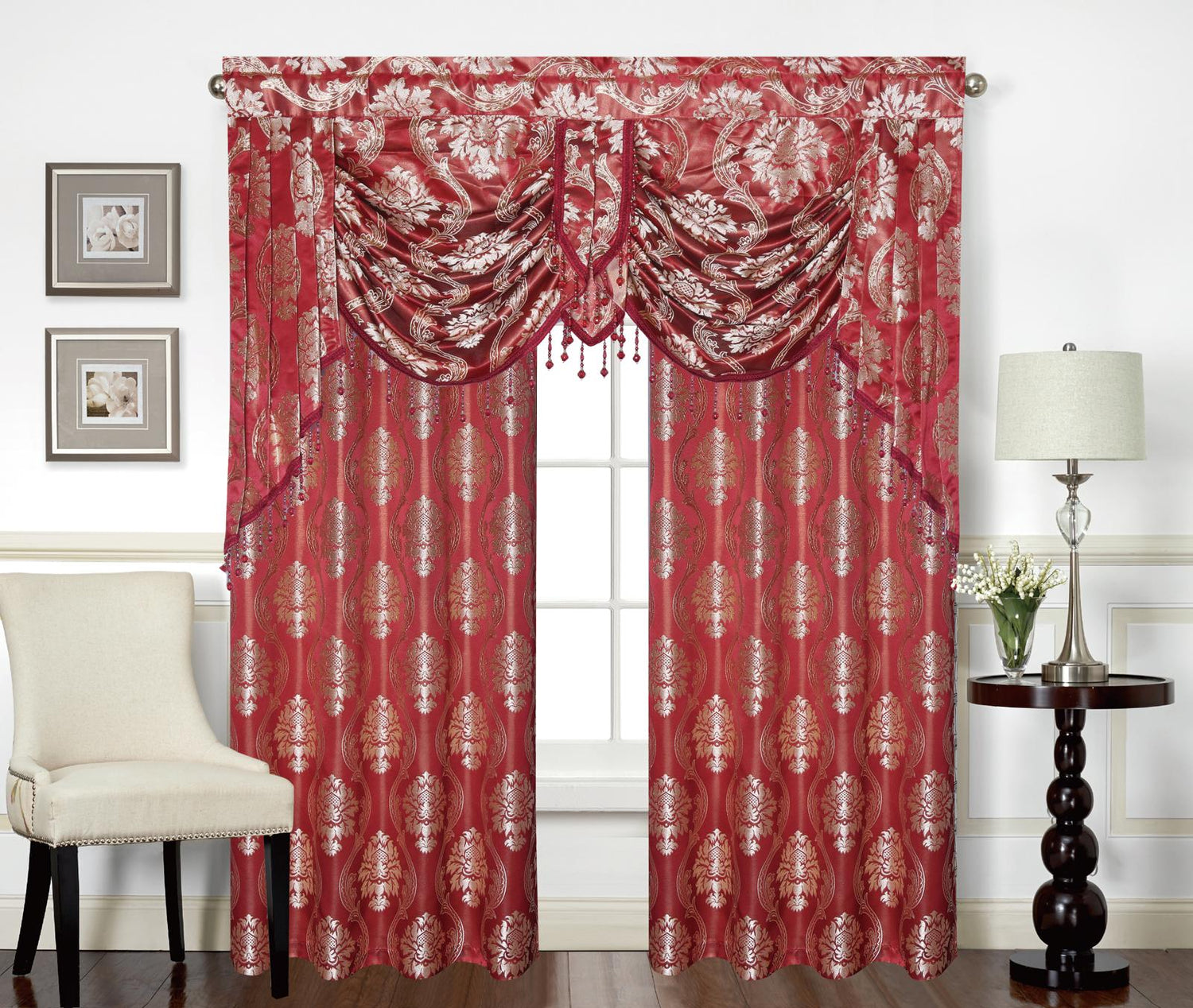 Mina Grommet Curtain with Beaded Swag Valance | Metallic Jacquard Curtains for Elegant Home Decor - Stylish Curtains