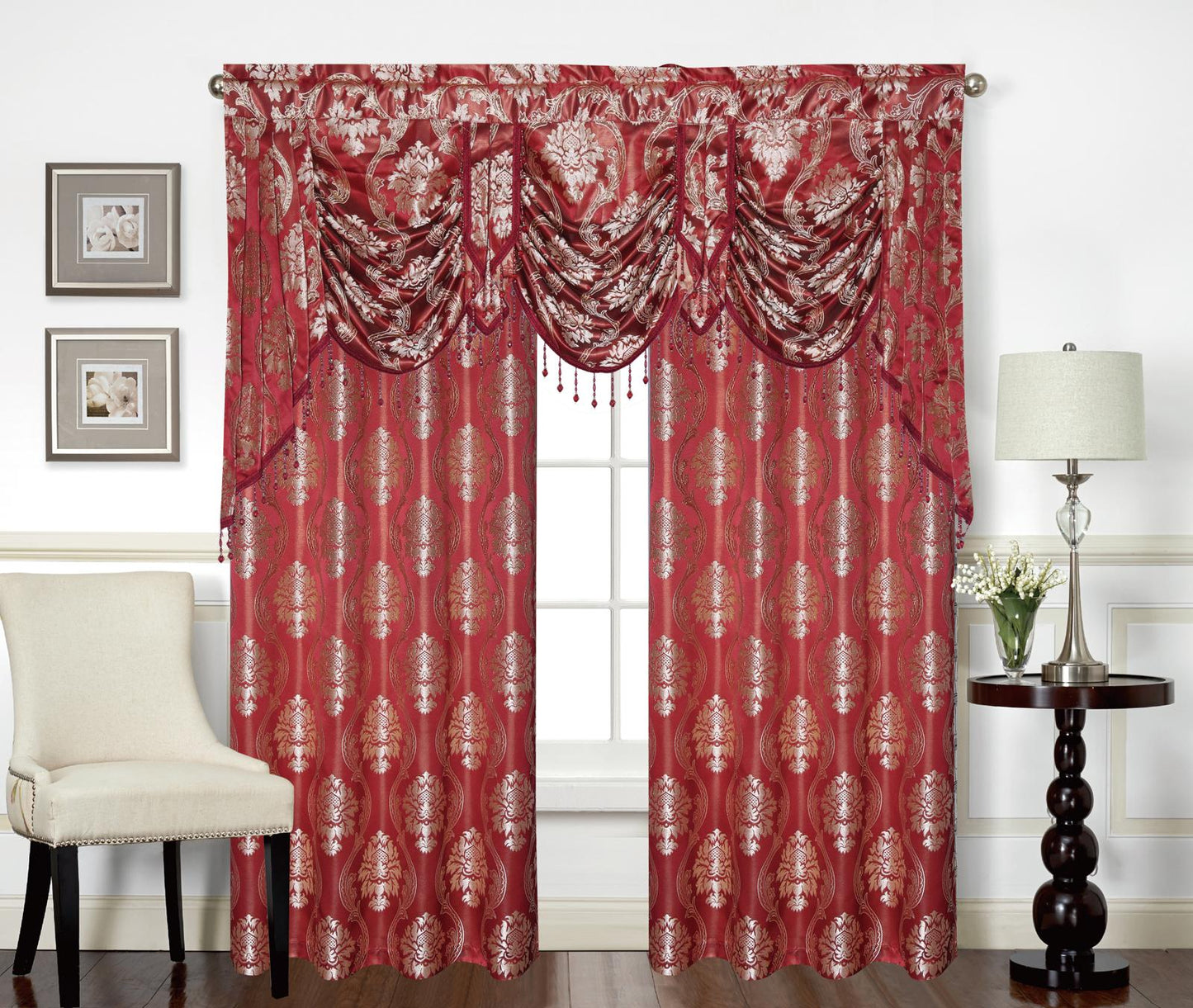 Mina Grommet Curtain with Beaded Swag Valance | Metallic Jacquard Curtains for Elegant Home Decor - Stylish Curtains