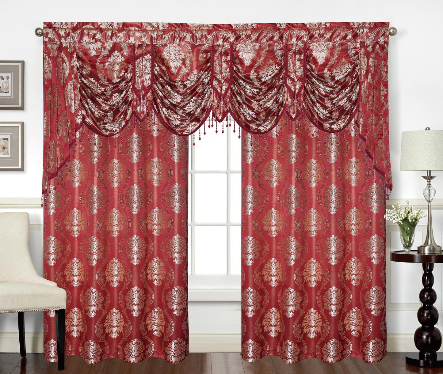 Mina Grommet Curtain with Beaded Swag Valance | Metallic Jacquard Curtains for Elegant Home Decor - Stylish Curtains