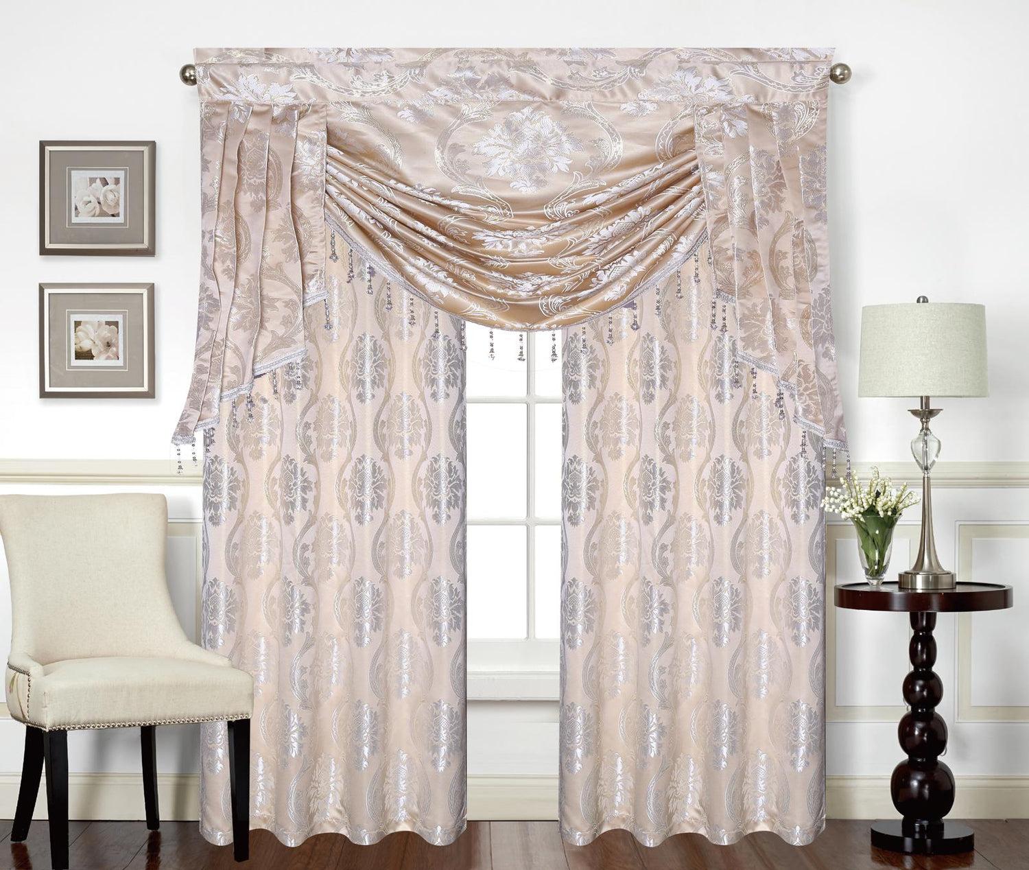 Mina Grommet Curtain with Beaded Swag Valance | Metallic Jacquard Curtains for Elegant Home Decor - Stylish Curtains