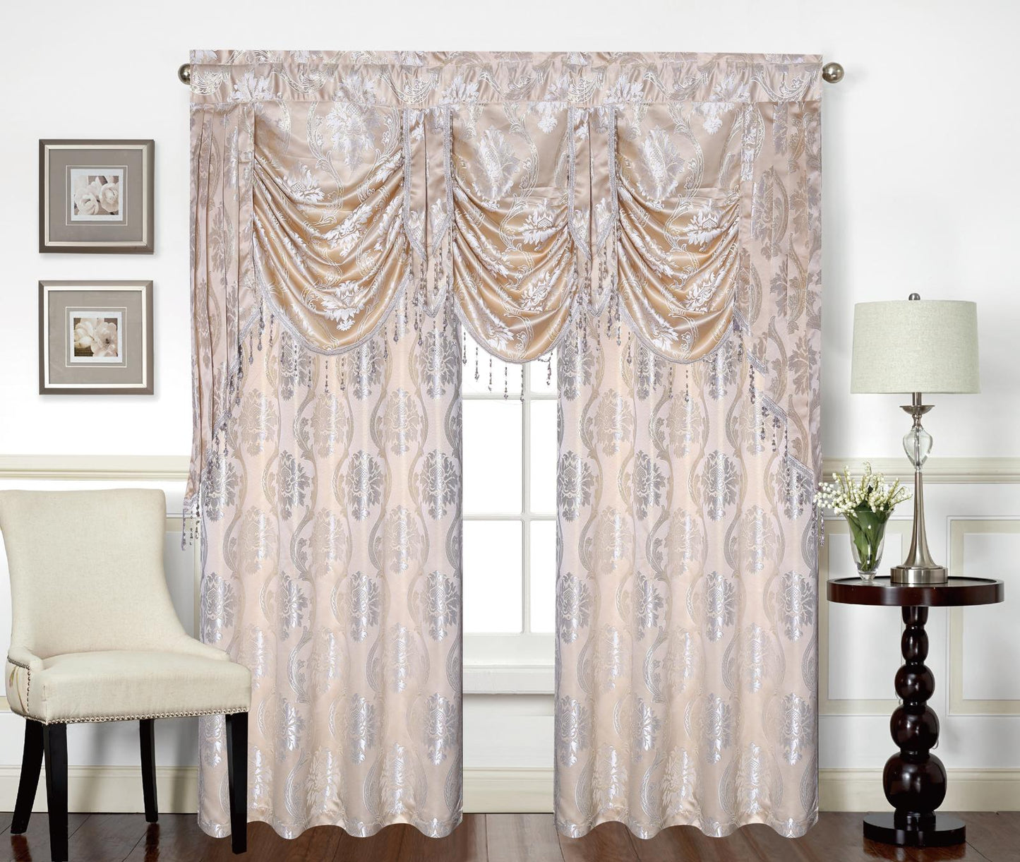 Mina Grommet Curtain with Beaded Swag Valance | Metallic Jacquard Curtains for Elegant Home Decor - Stylish Curtains