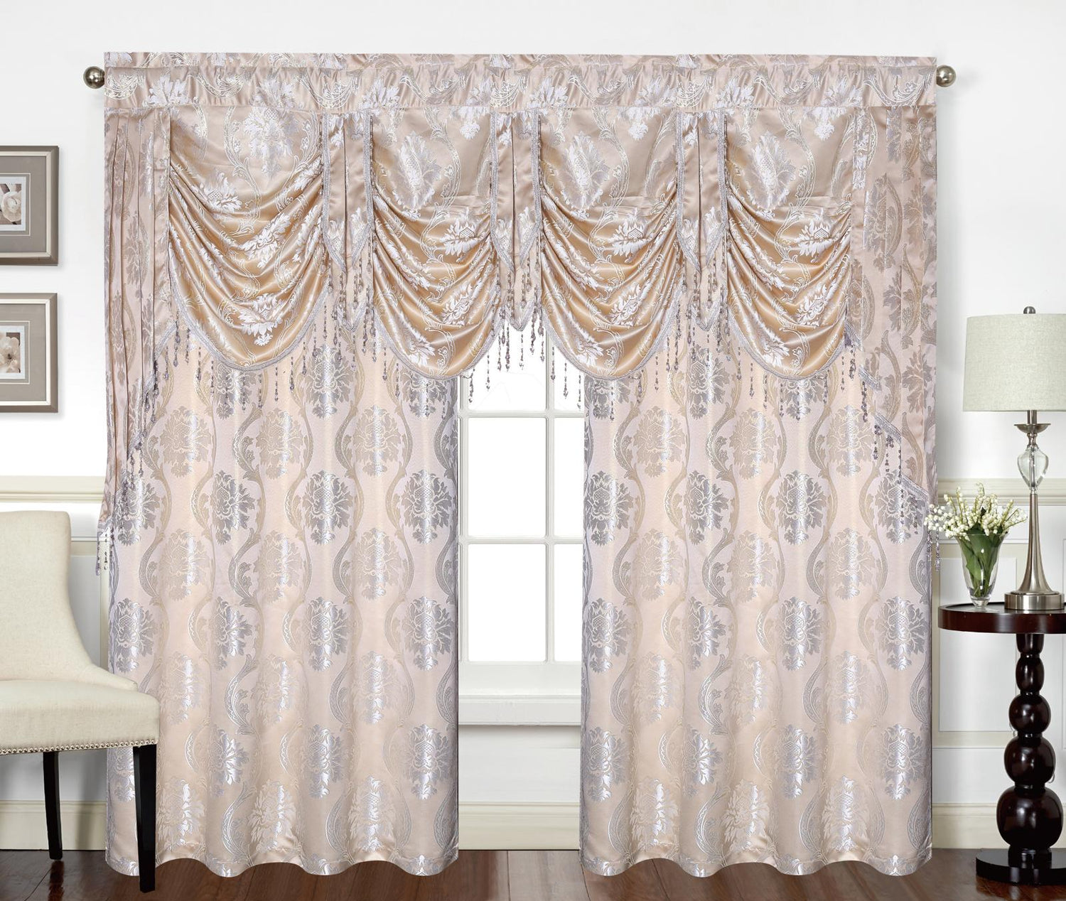 Mina Grommet Curtain with Beaded Swag Valance | Metallic Jacquard Curtains for Elegant Home Decor - Stylish Curtains