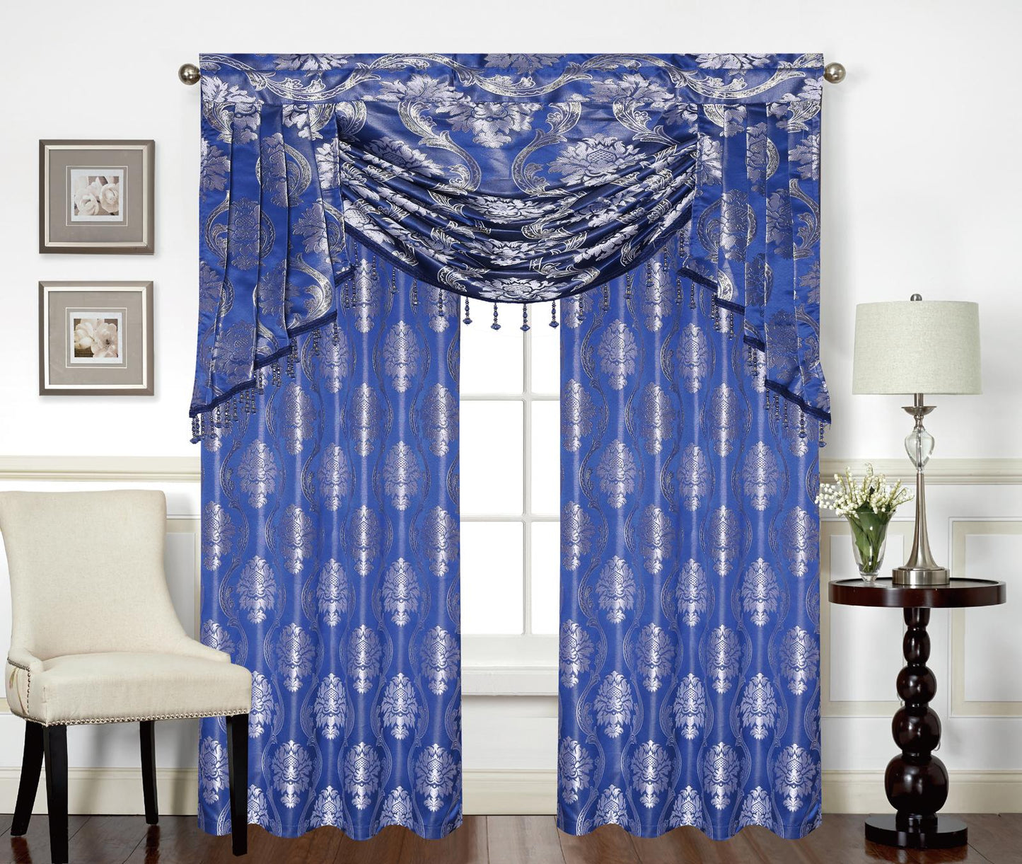 Mina Grommet Curtain with Beaded Swag Valance | Metallic Jacquard Curtains for Elegant Home Decor - Stylish Curtains