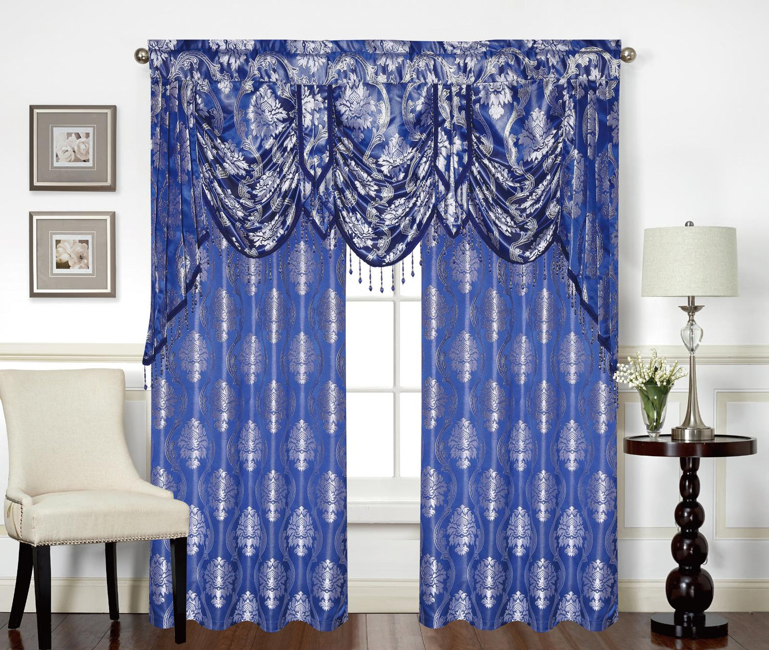 Mina Grommet Curtain with Beaded Swag Valance | Metallic Jacquard Curtains for Elegant Home Decor - Stylish Curtains