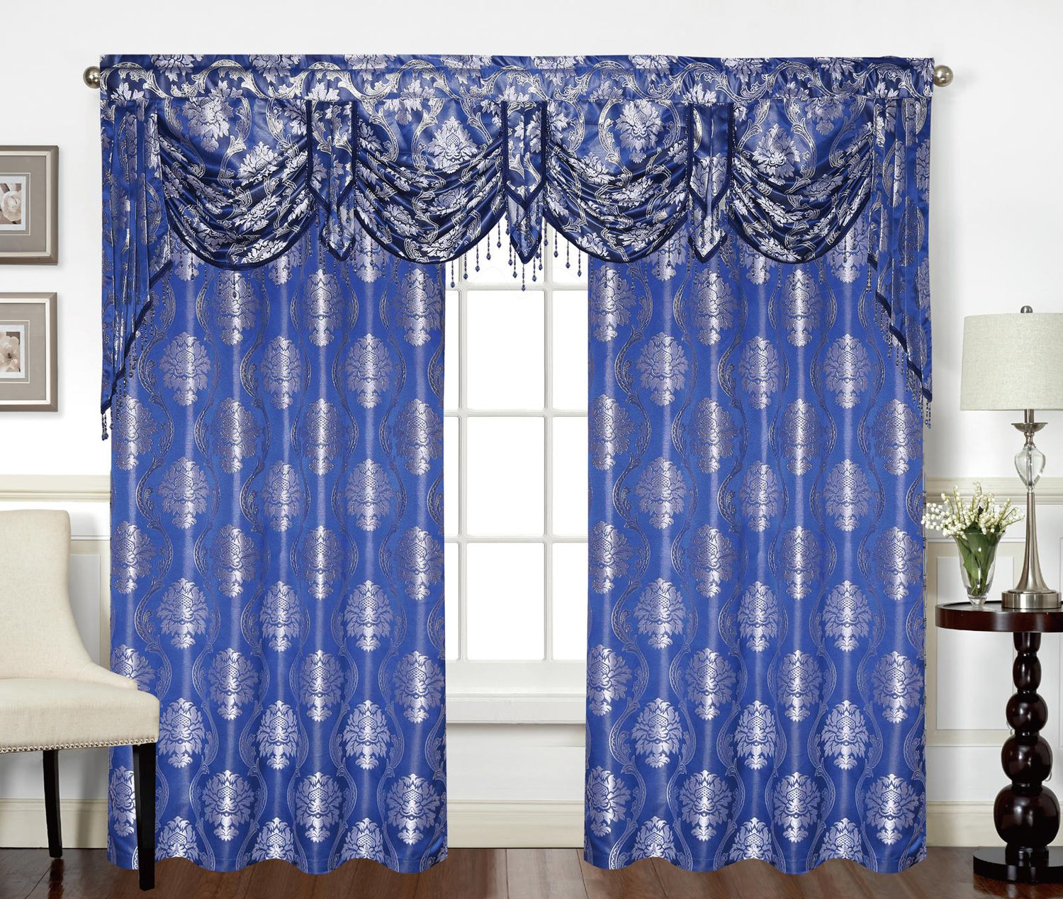 Mina Grommet Curtain with Beaded Swag Valance | Metallic Jacquard Curtains for Elegant Home Decor - Stylish Curtains