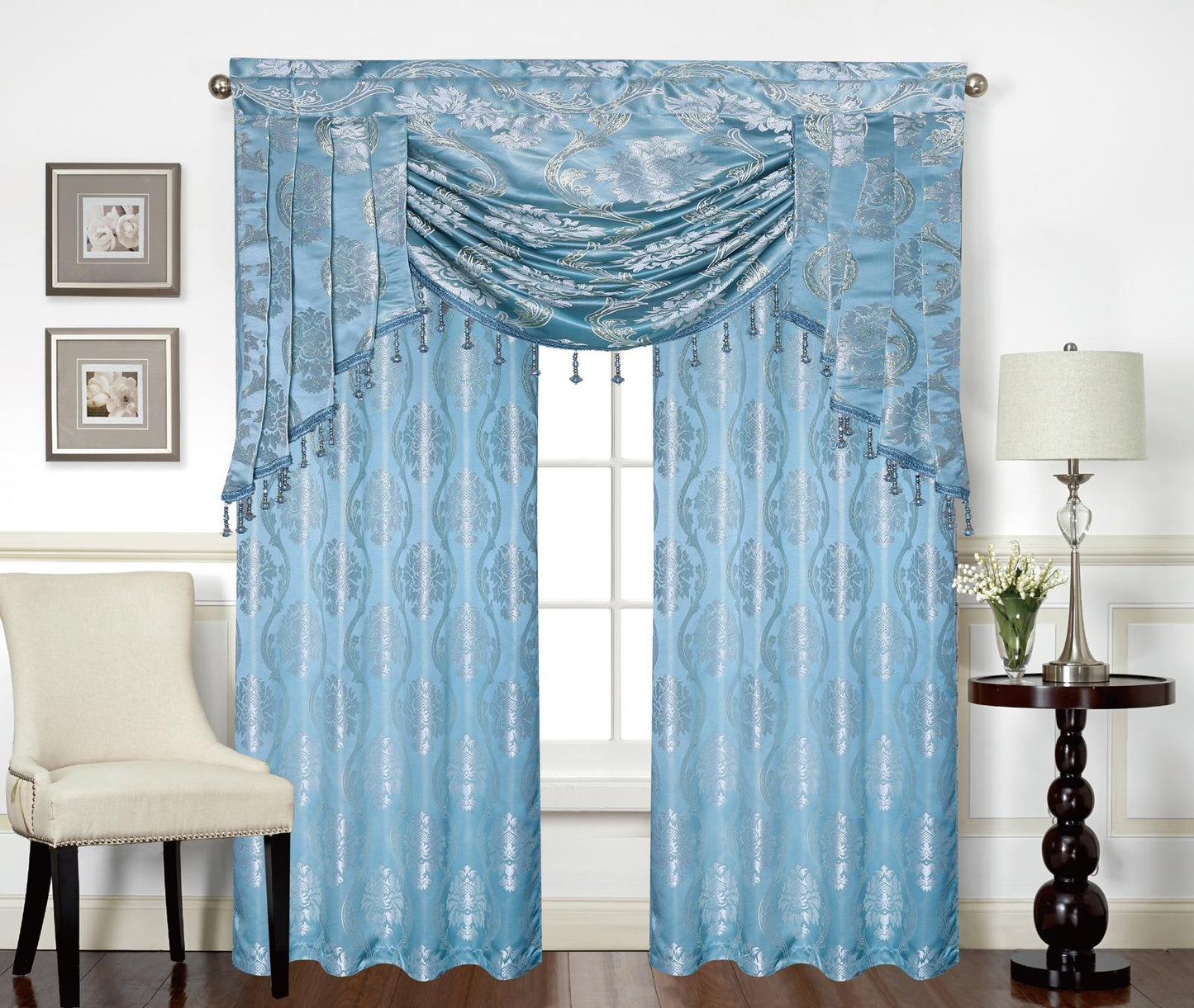 Mina Grommet Curtain with Beaded Swag Valance | Metallic Jacquard Curtains for Elegant Home Decor - Stylish Curtains