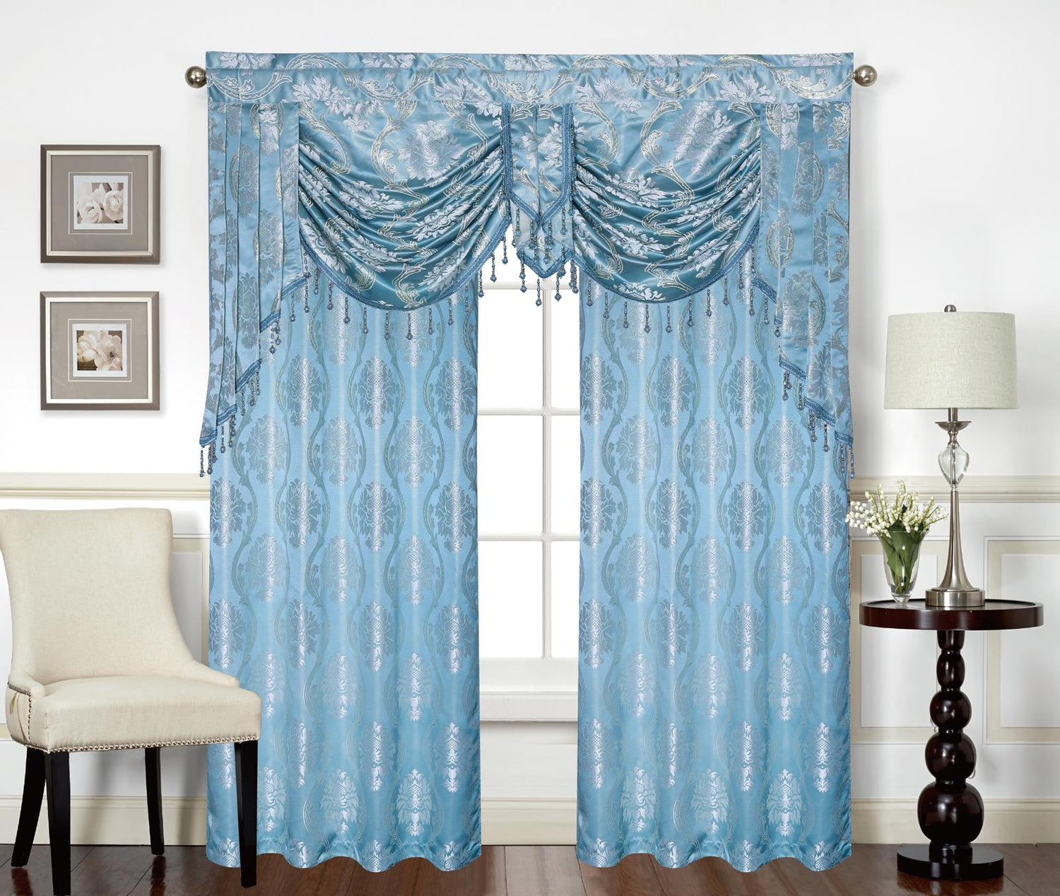 Mina Grommet Curtain with Beaded Swag Valance | Metallic Jacquard Curtains for Elegant Home Decor - Stylish Curtains