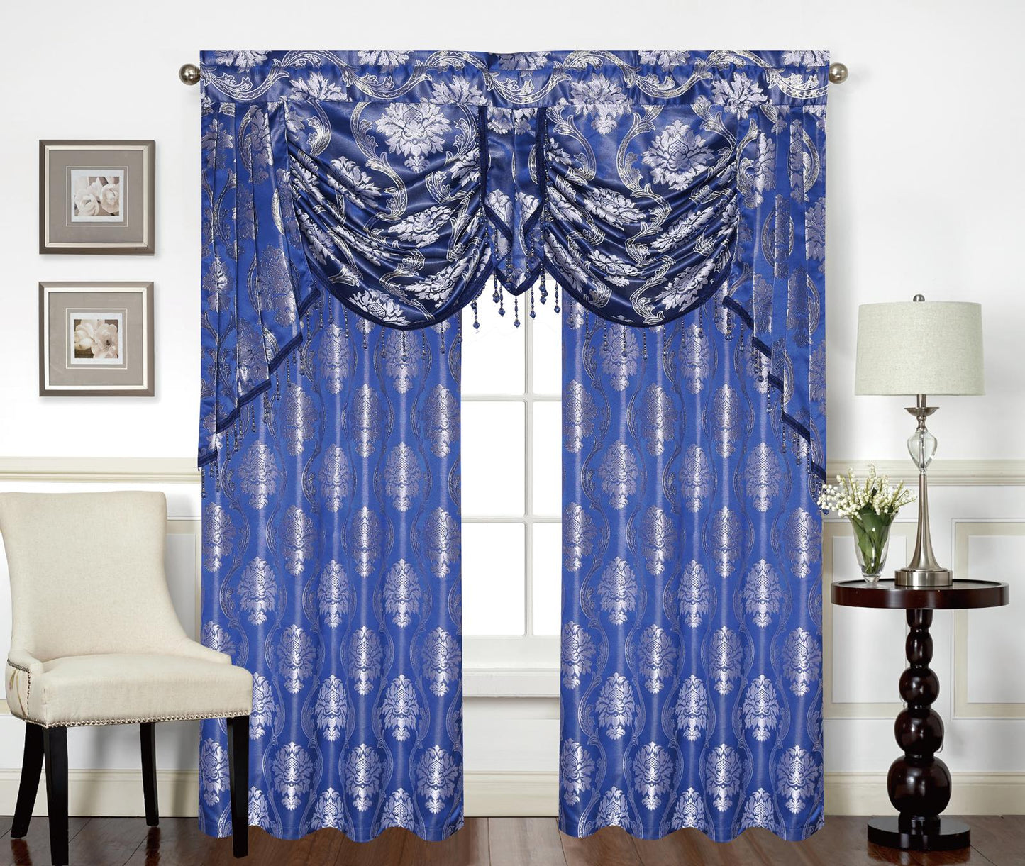 Mina Grommet Curtain with Beaded Swag Valance | Metallic Jacquard Curtains for Elegant Home Decor - Stylish Curtains