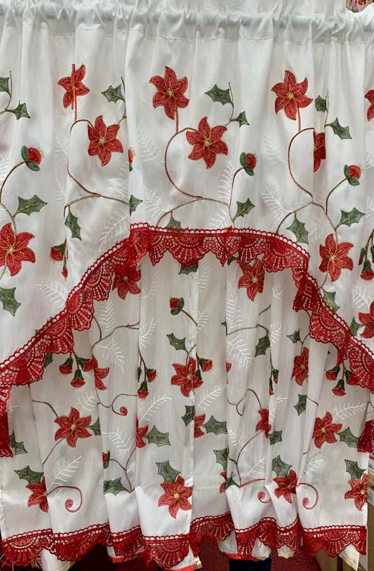 Floral Embroidered 3 Piece Kitchen Curtain Set