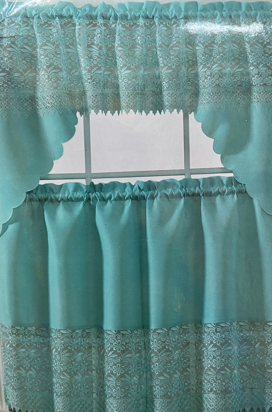 Embroidered 3 Piece Lace Kitchen Curtain Set