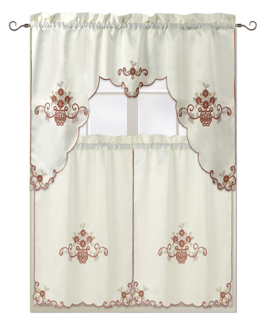 Camila Embroidered 3 Piece Kitchen Curtain Set - Stylish Curtains